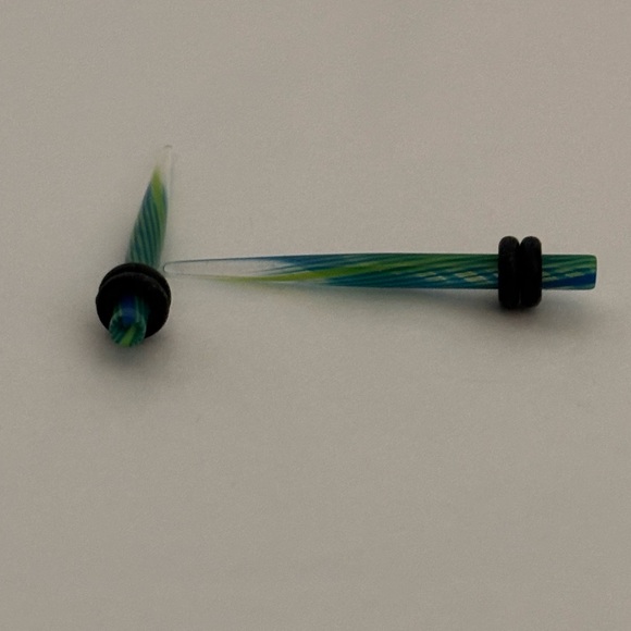 Blue and Green Acrylic Stripe Swirled Tapers size 8 Gauge - Picture 4 of 4